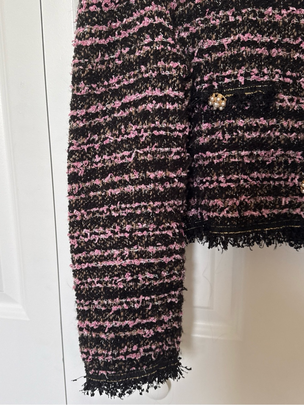 Zara Purple Tweed Jacket Pearl Buttons Size M Puff Shoulders Cropped - Picture 2 of 10